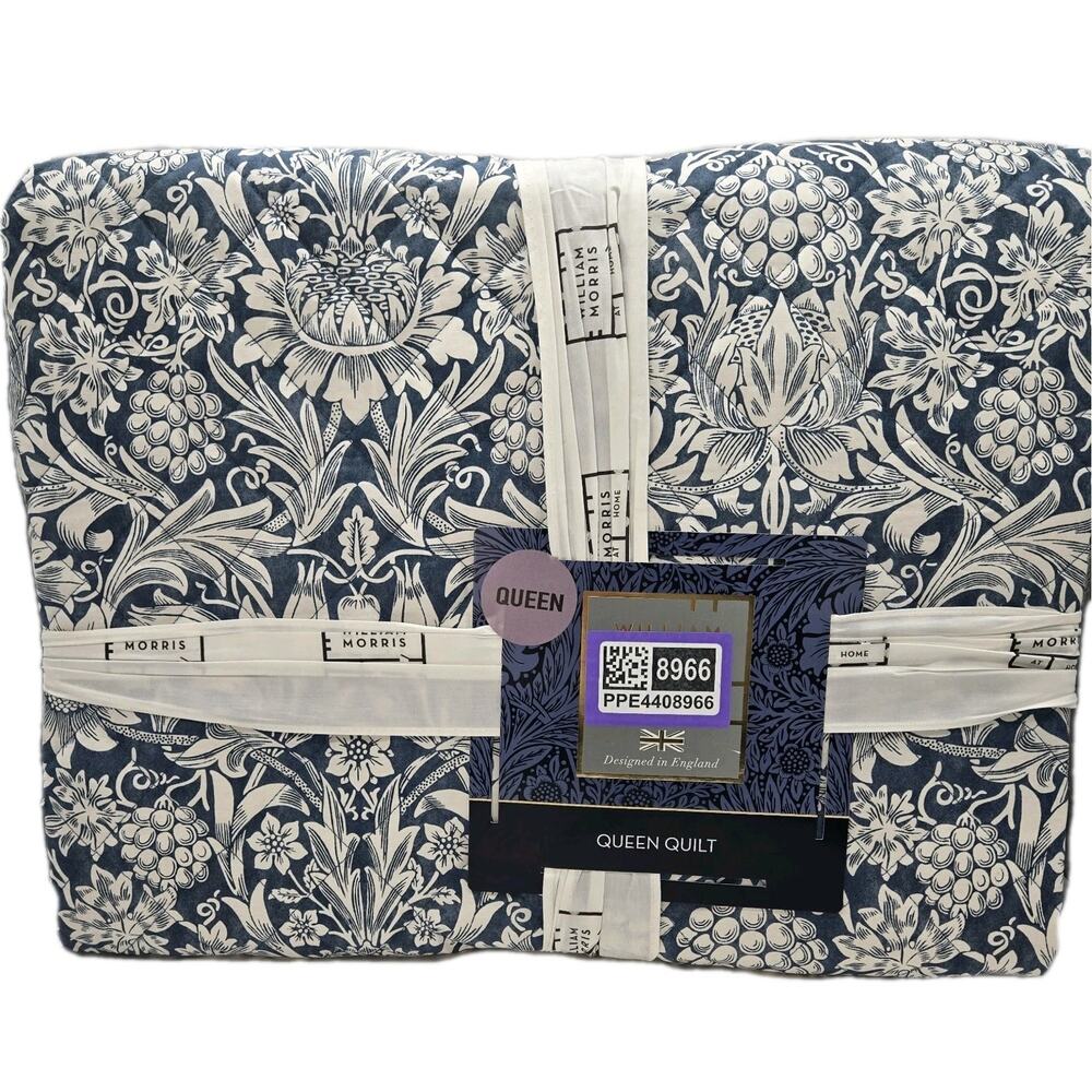 William Morris Sunflower Navy QUEEN Quilt Blue Coverlet Botanical Vines Floral